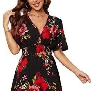 Kor Mei Tiered Hi Low Black Floral V-Neck Dress Size Medium